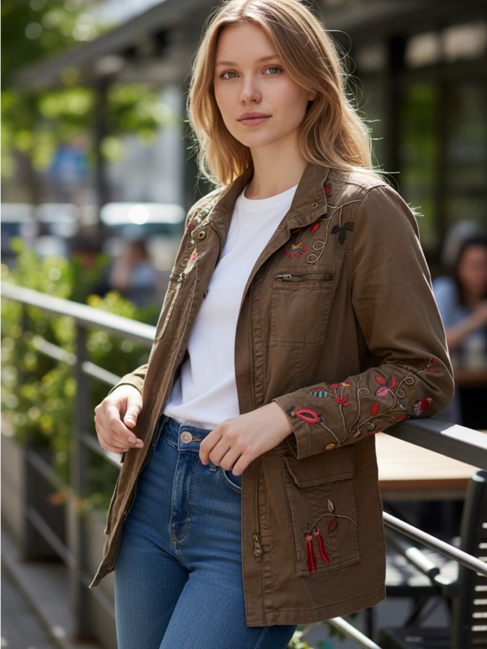 Sonoma Olive Utility Jacket with Floral Embroidery